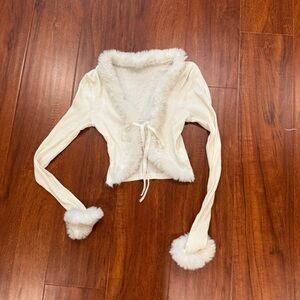 Cream Fuzzy Trim Cardigan